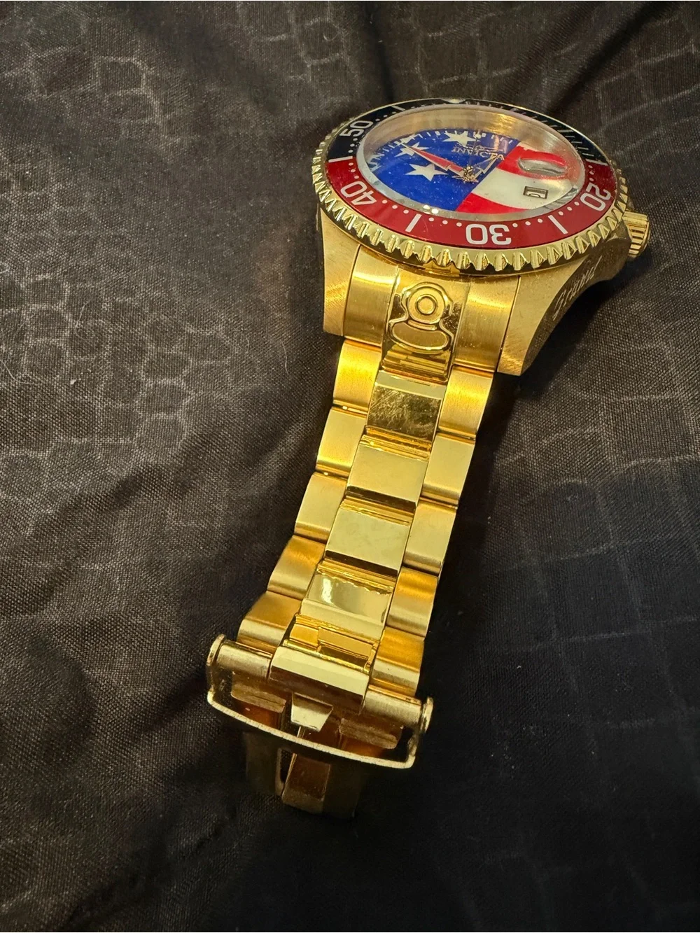 Invicta Gold Tone Dive Watch with Red, White and Blue Flag Dial